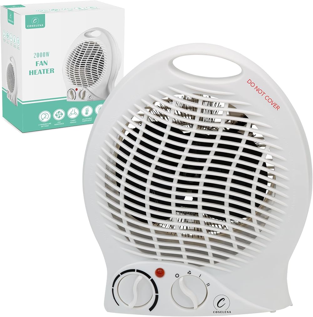 Coselena Electric Heater 2kW Fan with 2 Heat Settings Thermostat White