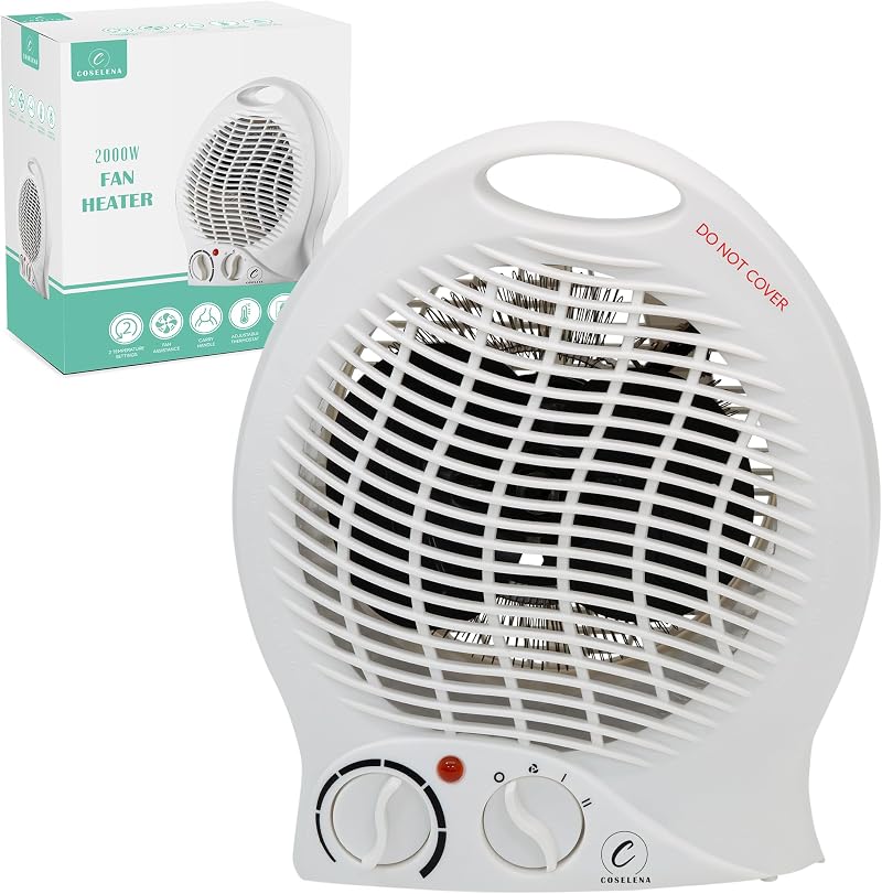 Coselena Electric Heater 2kW Fan with 2 Heat Settings Thermostat White