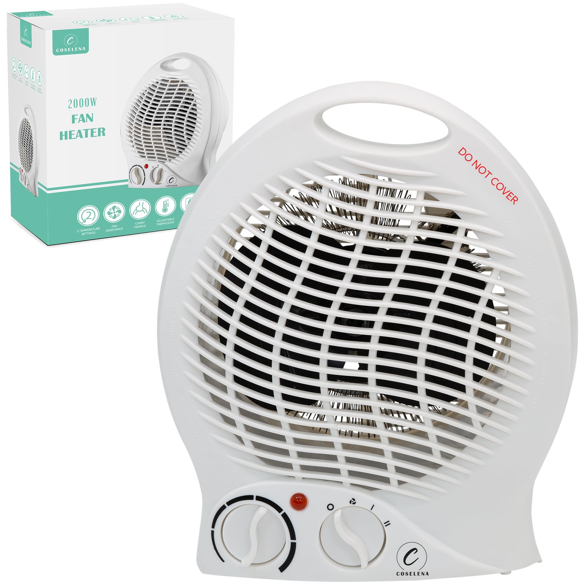Coselena Electric Heater - 2KW Fan with 2 Heat Settings & Cooling Function - Portable with Adjustable Thermostat - Low Energy Silent Heating for Home, Office & Indoor Use - White