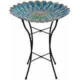 Peaktop Handpainted Mosaic Fusion Glass Solar Birdbath Bowl Feeder with LED Light for Outdoor Patio Garden Backyard Decking, 