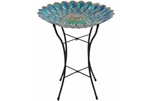 TEAMSON HOME Peaktop Handpainted Mosaic Fusion Glass Solar Birdbath Bowl Feeder with LED Light for Outdoor Patio Garden Backyard Decking, 21 Inch Height, Blue