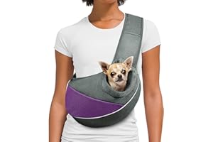 AOFOOK Dog Cat Sling Carrier, Adjustable Padded Shoulder Strap, with Mesh Pocket for Outdoor Travel (S - Up to 4 lbs, Light Purple - Grey)