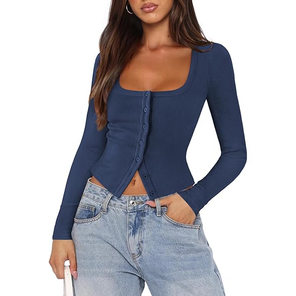 OZICERD V Neck Long Sleeve Going Out Top Y2k Ribbed Knit Hook Open