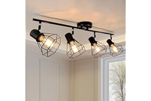 LTBLIGHT 4-Head Adjustable Track Lighting, Black Farmhouse Ceiling Light with Wire Cage, Directional Spotlights for Kitchen, Hallway, Bedroom (E26 Base, Bulbs Not Included)