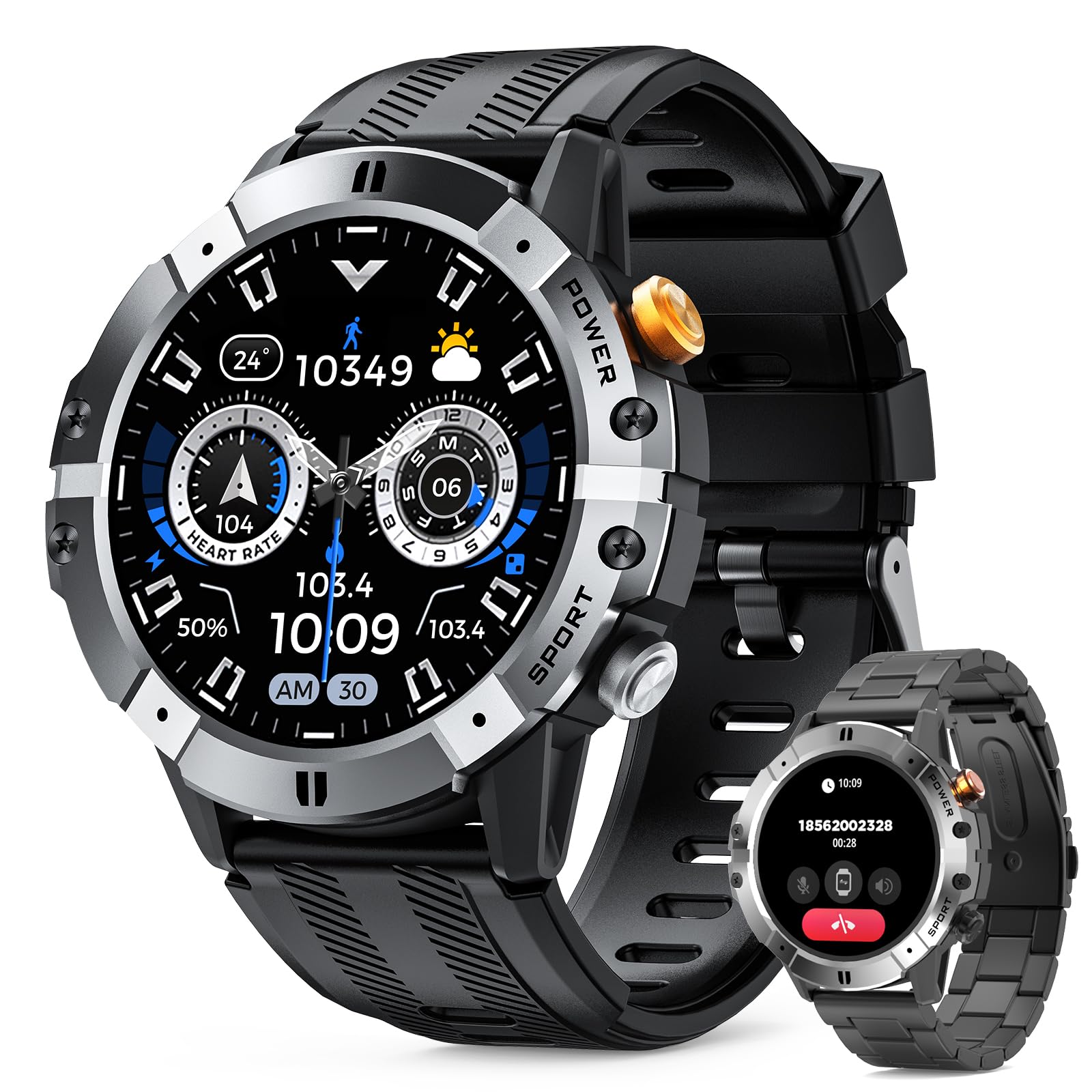 Smart Watch Military For Men, Bluetooth Answer Make Calls, 1.52'' Round Hd Display Customize Watch Faces, Heart Rate Monitor, Sleep Tracker, 100+ Sports Modes, Fitness Tracker For Android IOS(grey)