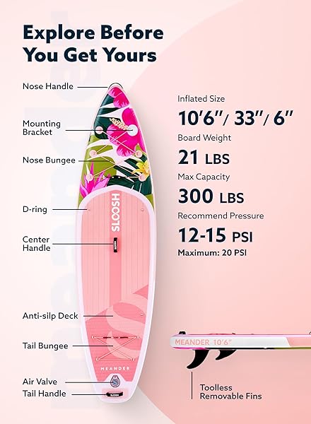 SLOOSH INFLATABLE STAND UP PADDLE BOARD, 10’6″ INFLATABLE PADDLE BOARDS WITH PREMIUM ACCESSORIES, NON-SLIP EVA DECK, ULTRA-LIGHT CARRY BAG, MEANDER SUP FOR YOUTH & ADULTS, TROPICAL SUNRISE