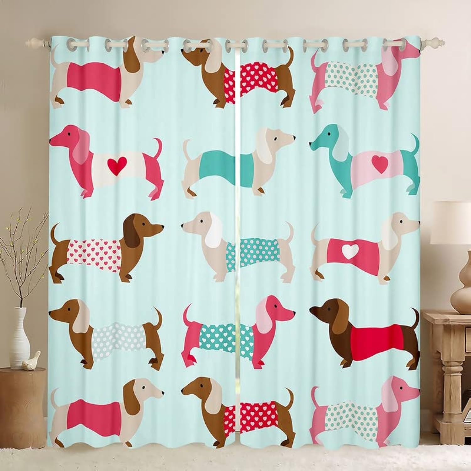 Loussiesd Cartoon Dachshund Window Curtains Sausage Dog Curtains for Bedroom Living Room Cartoon Dachshund Puppy Blackout Curtains Kawaii Pet Window Treatments W46*L54