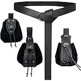 EpicCos 4 PCs Medieval O Ring Belt and Drawstring Pouch Set, Retro Faux Leather Belt Bag Dice Bag Portable Coin Purse For LARP (Black A)