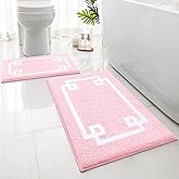 HOMEIDEAS Bathroom Rugs Sets 2 Piece, Soft and Water Absorbent Microfiber Carpet, Non-Slip Washable Bath Mats (20"x32"+16"x24", Pink and White)