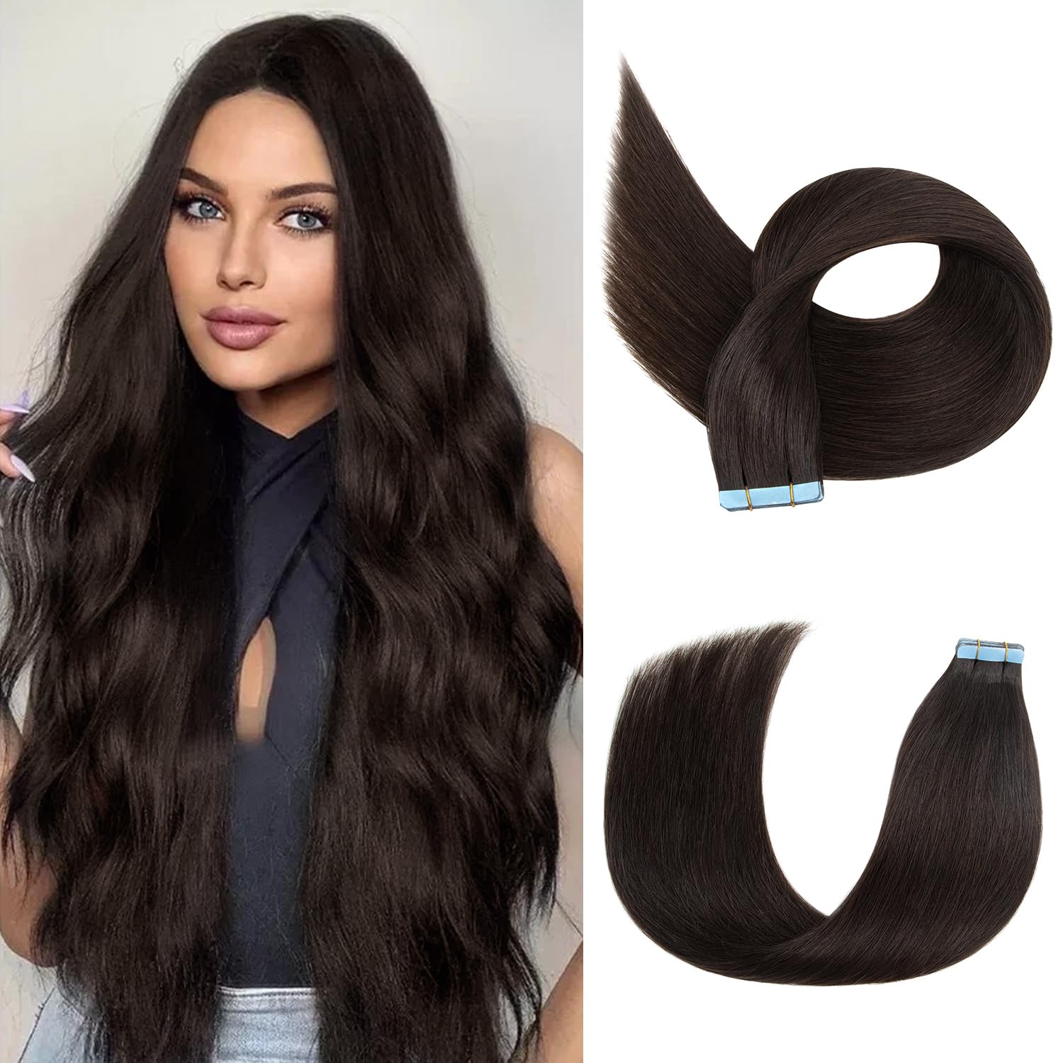 14Inch Tape Extensions for Women, Natural Black Tape In Extensions Human Hair, Straight Invisible Remy Hair Extensions 20pcs 40g