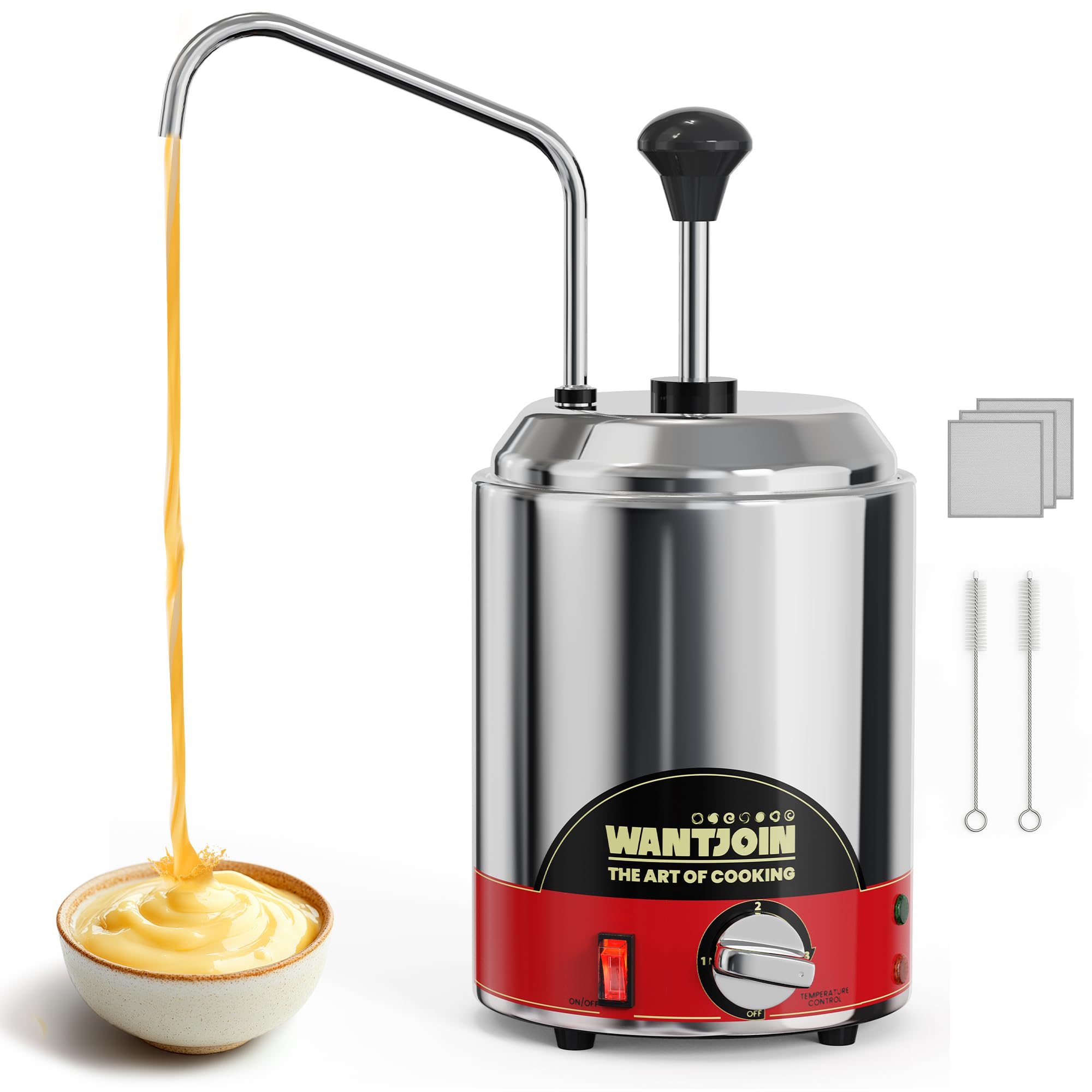 Photo 1 of WantJoin Nacho Cheese Dispenser with Pump - 2.6 Qt Cheese w/Warmer Stainless Steel Pump Hot Fudge Warmer 86-185°F Temperature Control, Commercial Nacho Cheese Warmer Dispenser for Hot Fudge Caramel