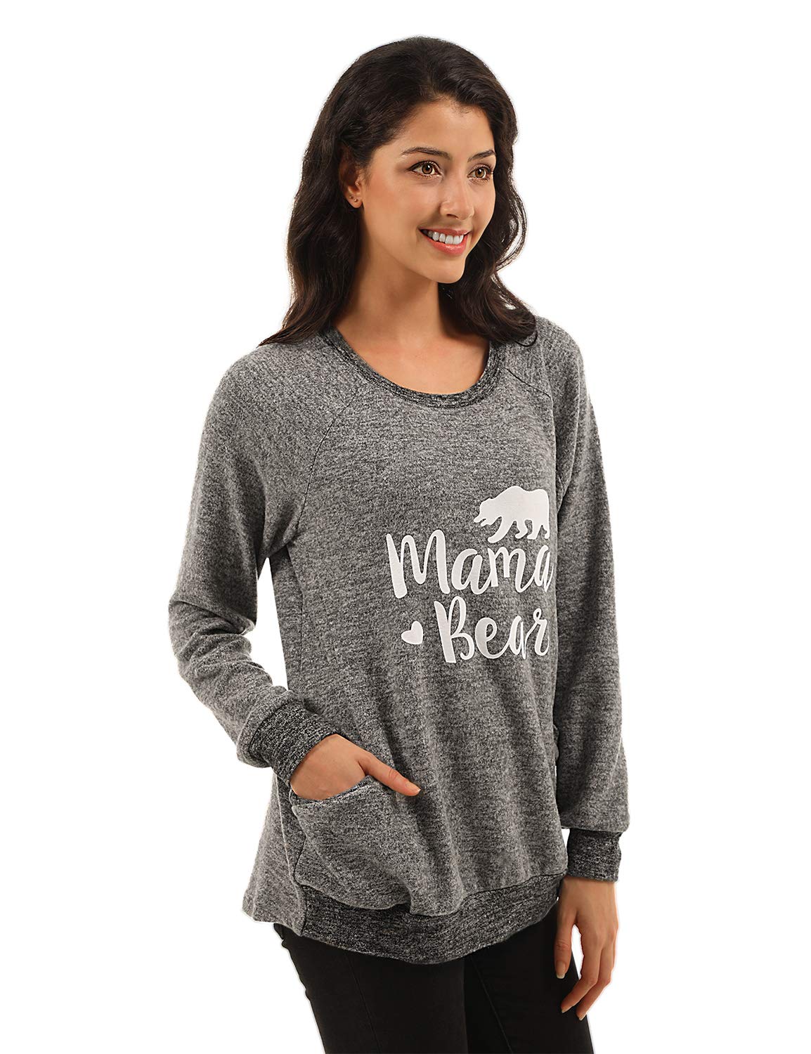 Blooming Jelly Womens Mama Bear Sweaters Long Sleeve Round Neck Pullover Tops with Pocket(S,Dark Grey)