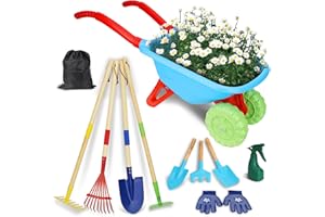Demolike Kids Gardening Tools Set, Gardening Set for Kids, Outdoor Backyard Farm Digging Toys with Wheelbarrow Shovel, Rake, Trowel, Fork, Birthday Gifts for Boys Girls Age 3+