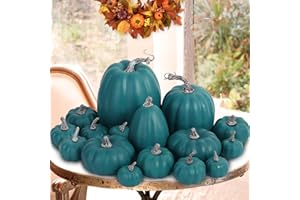 Ywlake 16 Pcs Assorted Sizes Artificial Pumpkins, Large Teal Fake Pumpkin Fall Decor for Autumn Harvest Thanksgiving Halloween Decoration Faux Pumpkins for Outdoor Decorating
