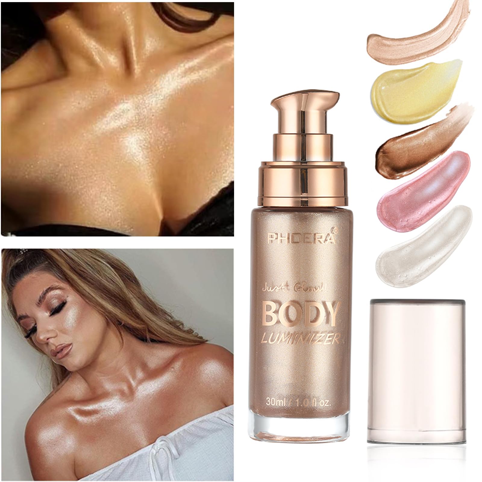 Lezero Body Shimmer Oil, Rose Gold Natural Glow Luminizer, Long Lasting Waterproof Moisturizing Liquid Illuminator Highlighter Makeup for a Sun-Kissed Glow, Brush Include, 1oz, Light Medium