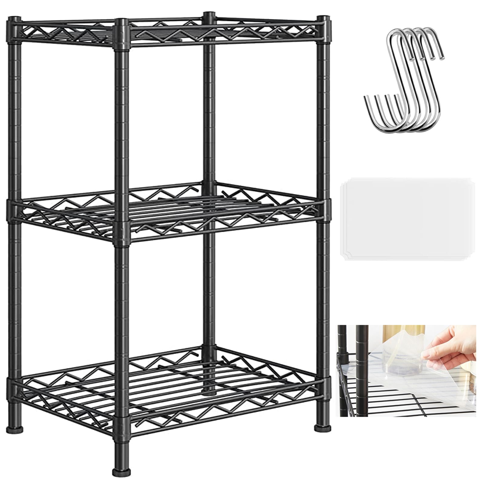 Photo 1 of Santoy 3 Tier Storage Shelves Adjustable,Rack Metal Shelf Unit for Kitchen, Bathroom, Pantry, Closet, and Bedroom - Strong Steel Wire Organizer (Black, 17.7" L x 11.8" W x 31.5" H)