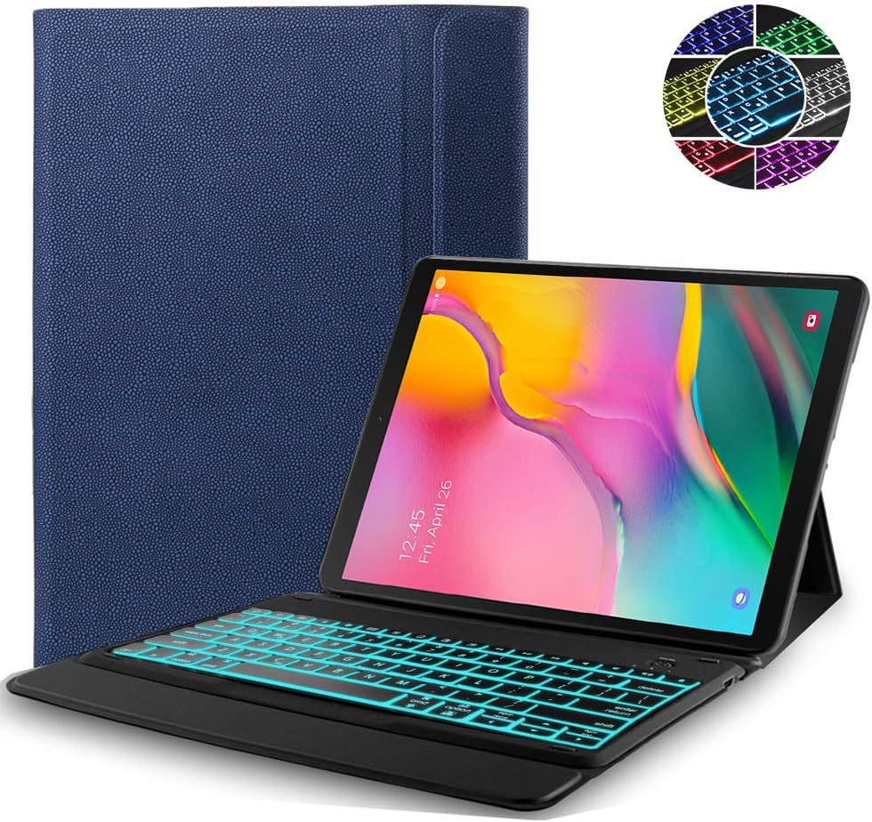 RLTechSamsung Galaxy Tab A 10.1 2019 Keyboard Case - (QWERTY Layout), 7 Colors Backlit Ultra Slim Flip One-Piece Wireless Keyboard Stand Case Cover for Samsung Galaxy Tab A T510/T515 10.1 2019, Blue