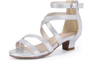 PANDANINJIA Jessie Girls Heels Dress Sandals Open Toe Rhinestone Low Heel Flower Girl Dress Shoes for Toddler Little Kid Big Kid