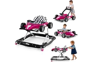 INFANS 4 in 1 Baby Walker, Foldable Toddler Activity Center with Adjustable Height, Padded Seat, Music, Light, Removable Tray, Push Walker for Girls Boys Aged 6-18 Months (Violet)