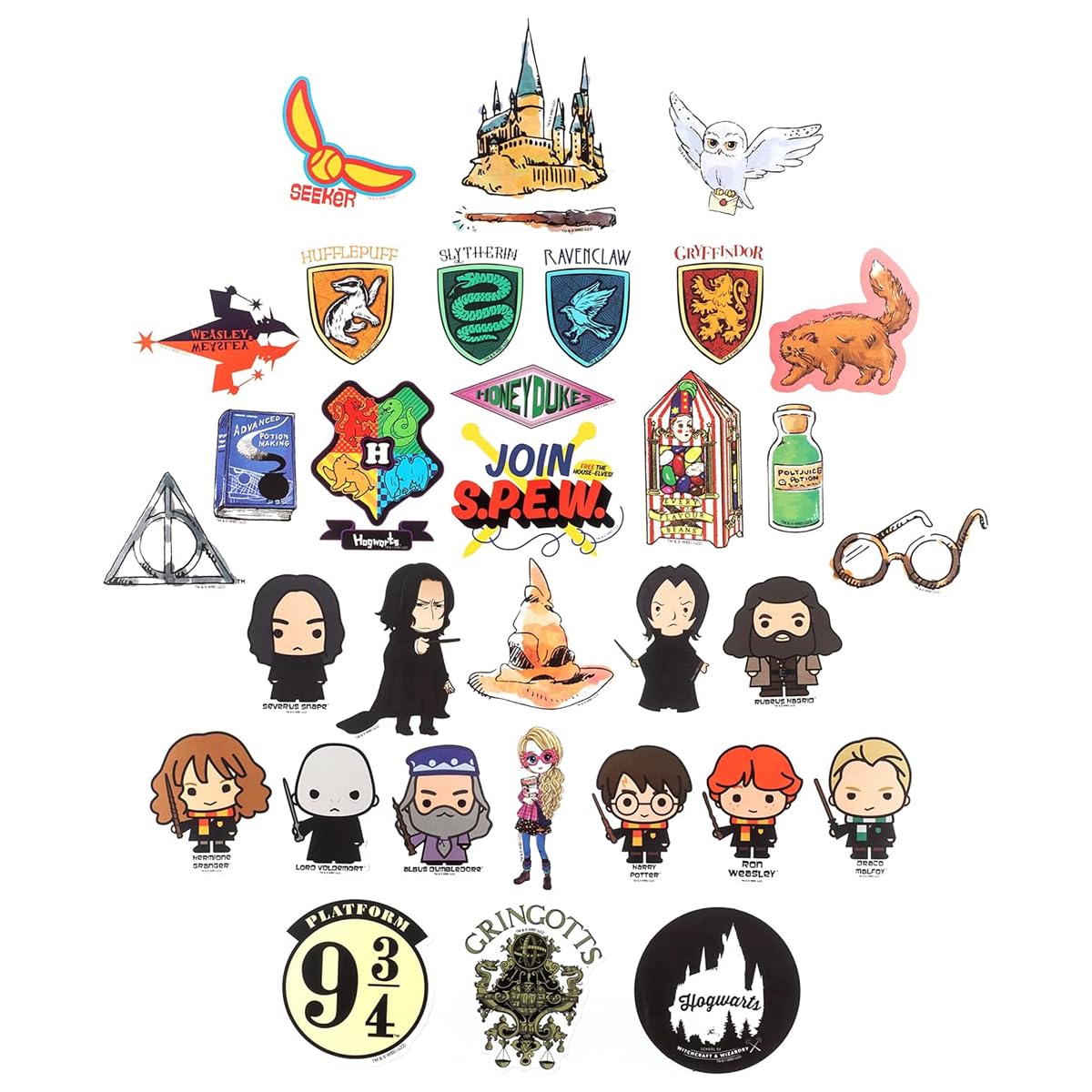 Conquest Journals Harry Potter Variety Vinyl Decals, Set of Unique Decal Stickers, 5 Holograms, Waterproof, UV & Scratch Resistant, Great for Gadgets, Officially Licensed (White Vinyl, 60-Pack)
