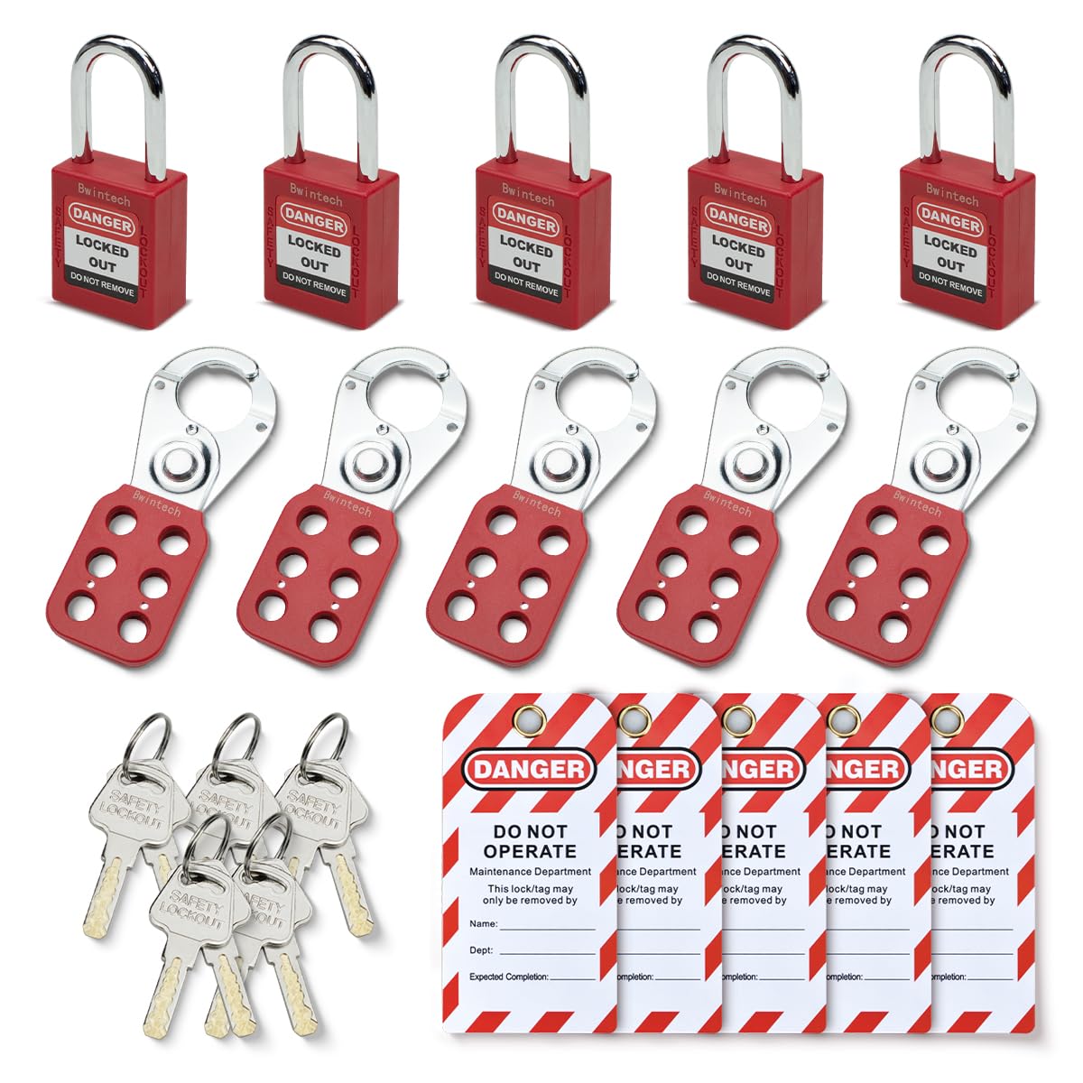 Bwintech 5-Piece 38MM Safety Padlock Set with Key, red, with Steel snap Hook, with Loto Tag Safety disc
