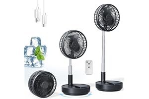Primelove Portable Oscillating Rechargeable Fan, Battery Operated with 4 Speed Settings & Remote Control, Desk Travel Pedestal Fan for Sleeping, Camping, Cruise, RV - Black 8" USB C