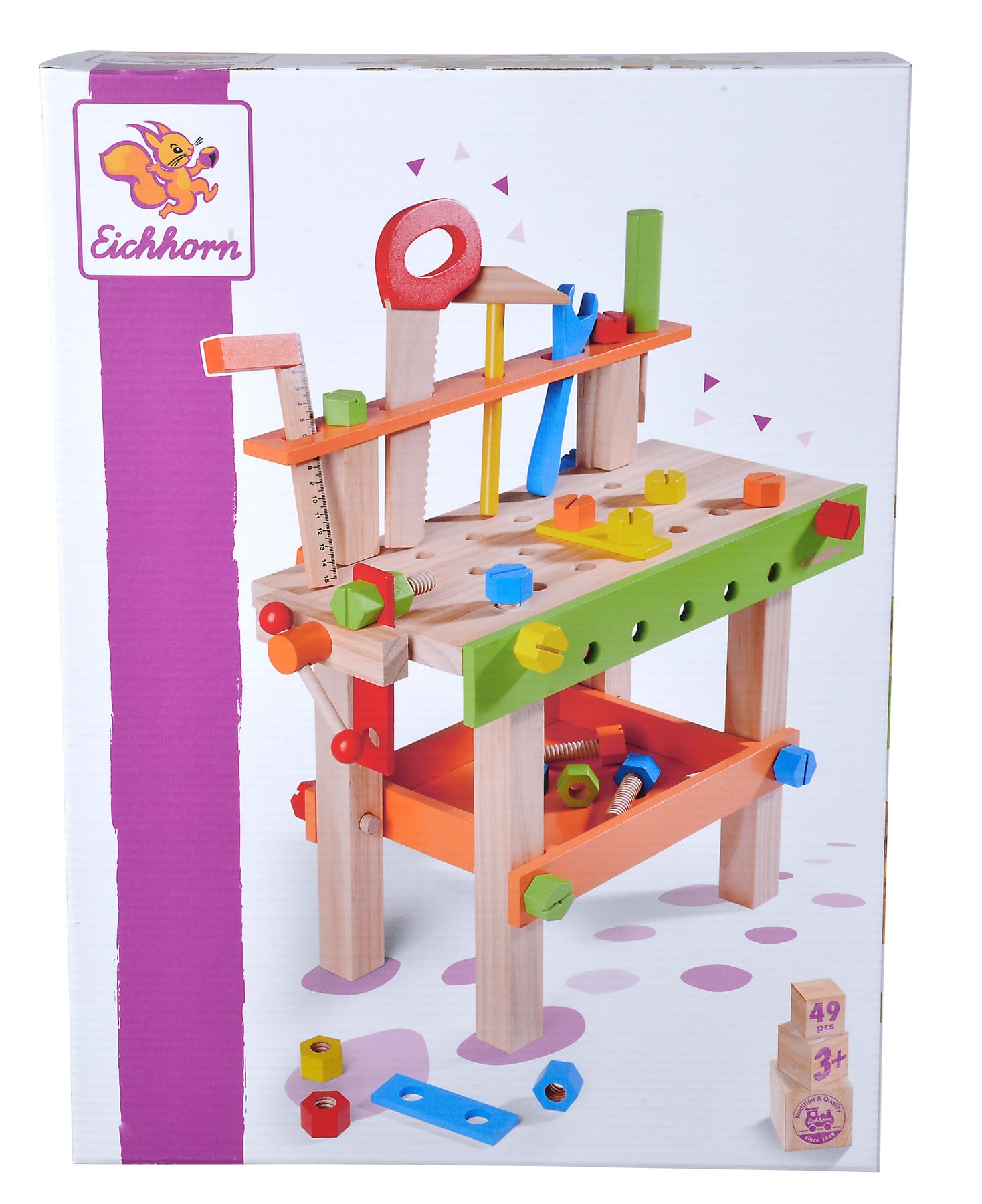 Eichhorn Kids Work Bench & Tools | 39cm Tall Colourful Toy Workbench comes with 49 Fun Tools & Accessories | Ages 3+