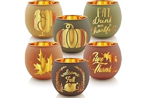 SHMILMH Thanksgiving Votive Candle Holder Set of 6, Glass Votives Holder with 6 Laser Engraving Patterns, Tealight Holders Bulk for Fall Table Centerpiece Decor