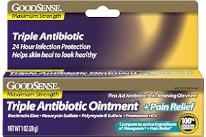 GoodSense Maximum Strength Triple Antibiotic Ointment plus Pain Relief - Soothes Painful Cuts, Scrapes and Burns, Prevents Infection, First Aid Antibiotic, External Analgesic, 1 oz