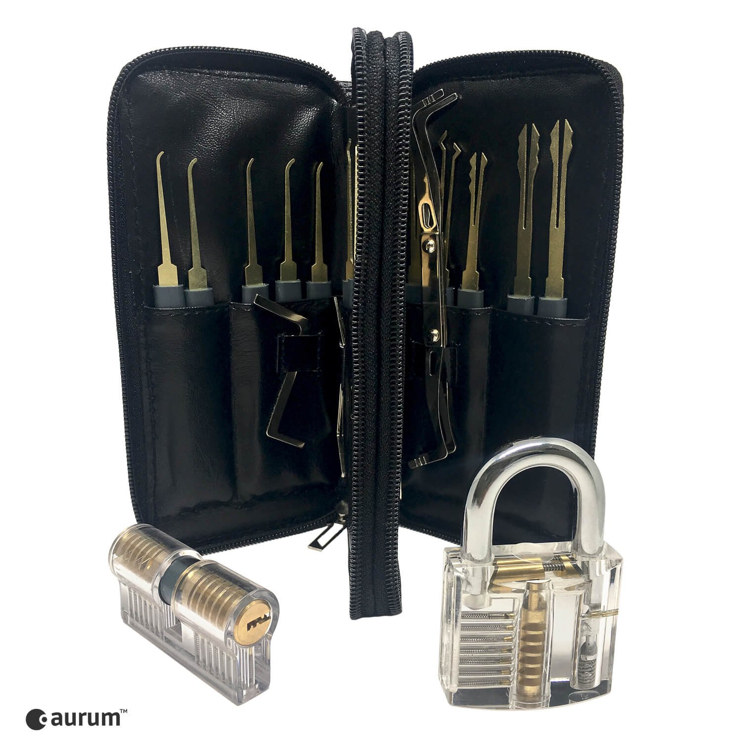 AURUM Original Lockpicking Set mit 2 Lockpick Übungsschlössern + PDF Anleitung | Das perfekte Dietrich Set zum Schlösser knacken | 20 Lockpicks | 4 Spanner