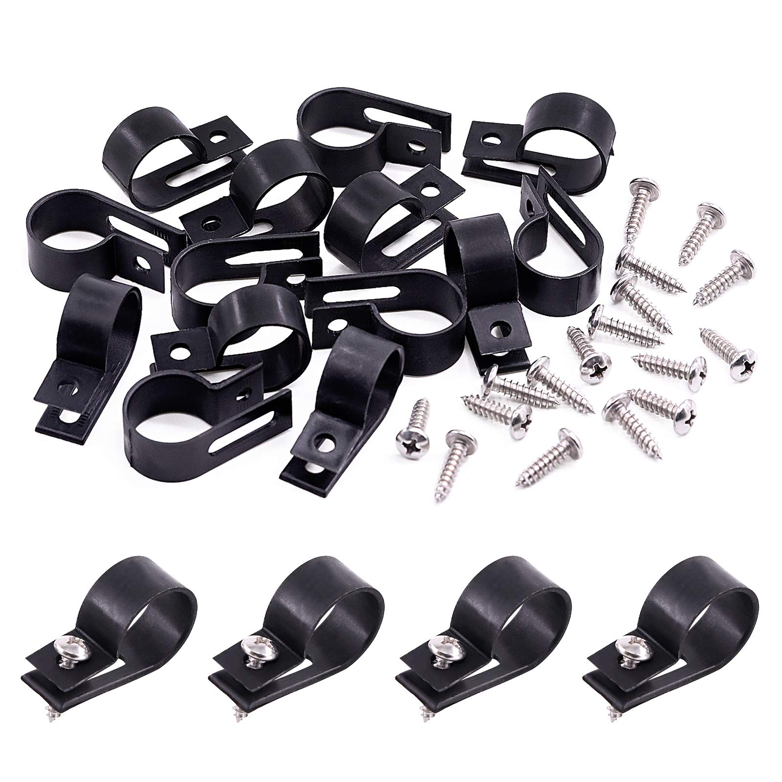 Swpeet 120 Pack White 3/4 Inch Nylon Plastic R-Type Cable Clips Clamp Kit, Nylon Screw Mounting Cord Fastener Clips with 120 Pack Screws for Wire Management (3/4 Inch, Black)