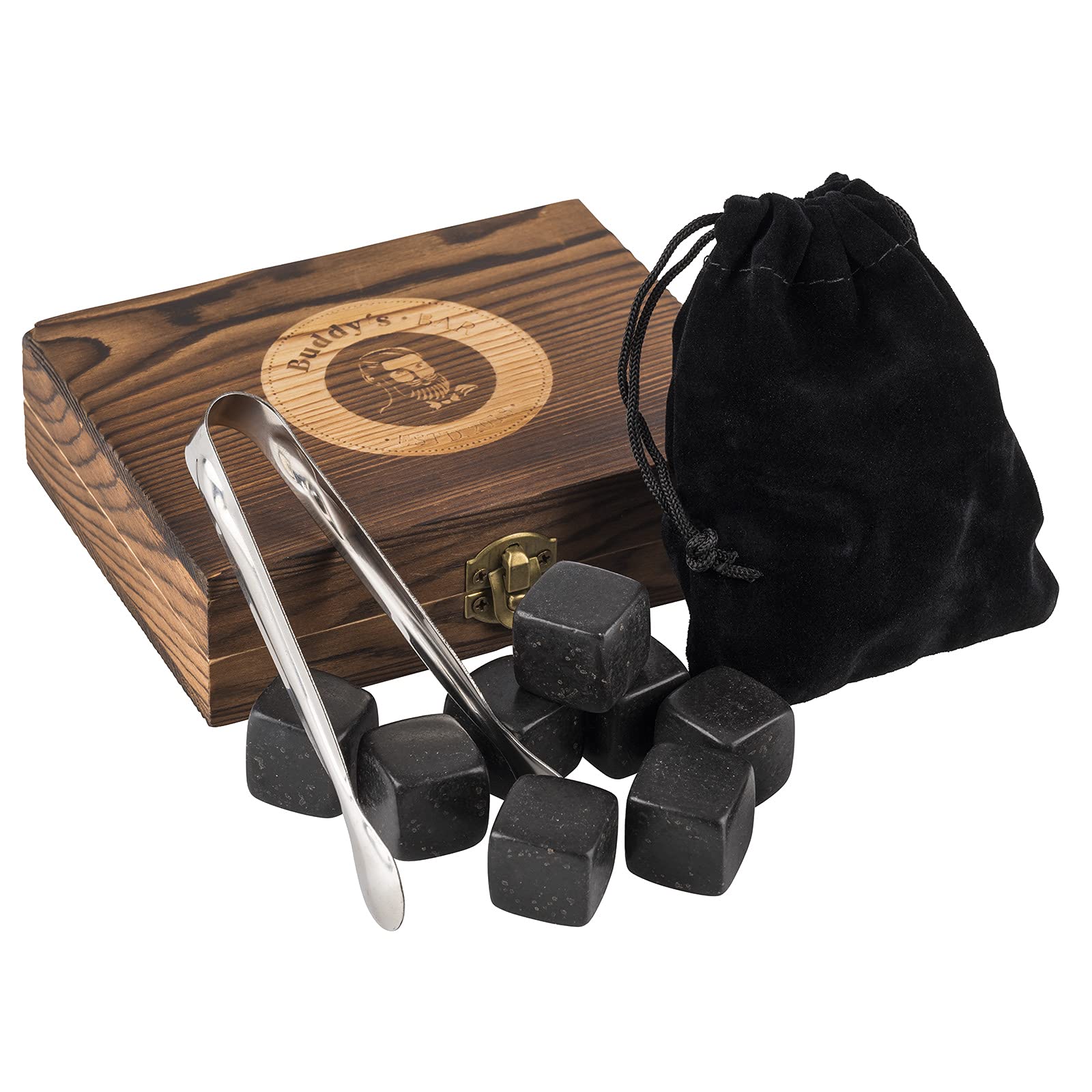 Buddy´s Bar - 9 Whiskey Stones, 2 x 2 cm, Premium Gift Set, Stylish Wooden Box, Velvet Bag, Tongs, Reusable, Natural Ice Cubes Made of Basalt, Tasteless Cooling Stones, Black