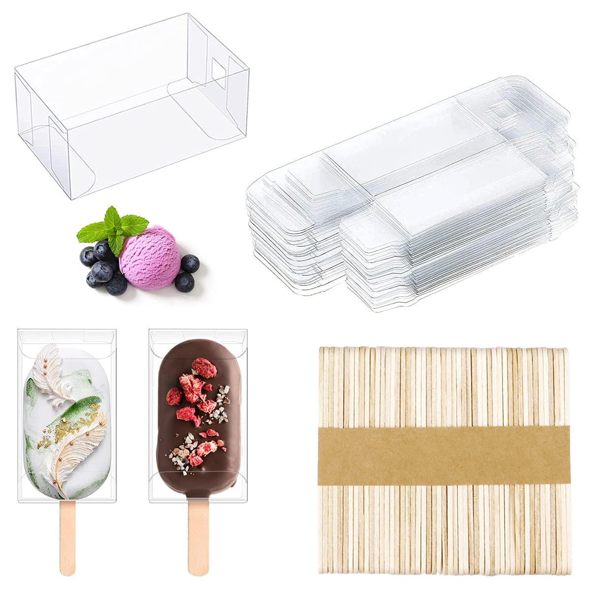 DOERDO DD 75Pieces Clear Popsicle Cakesicle Boxes Set Include Transparent PET Ice Cream Box and 50Pieces Wooden Popsicle Sticks for Kitchen Baking Baby Shower Wedding, Kids Birthday Party Favors