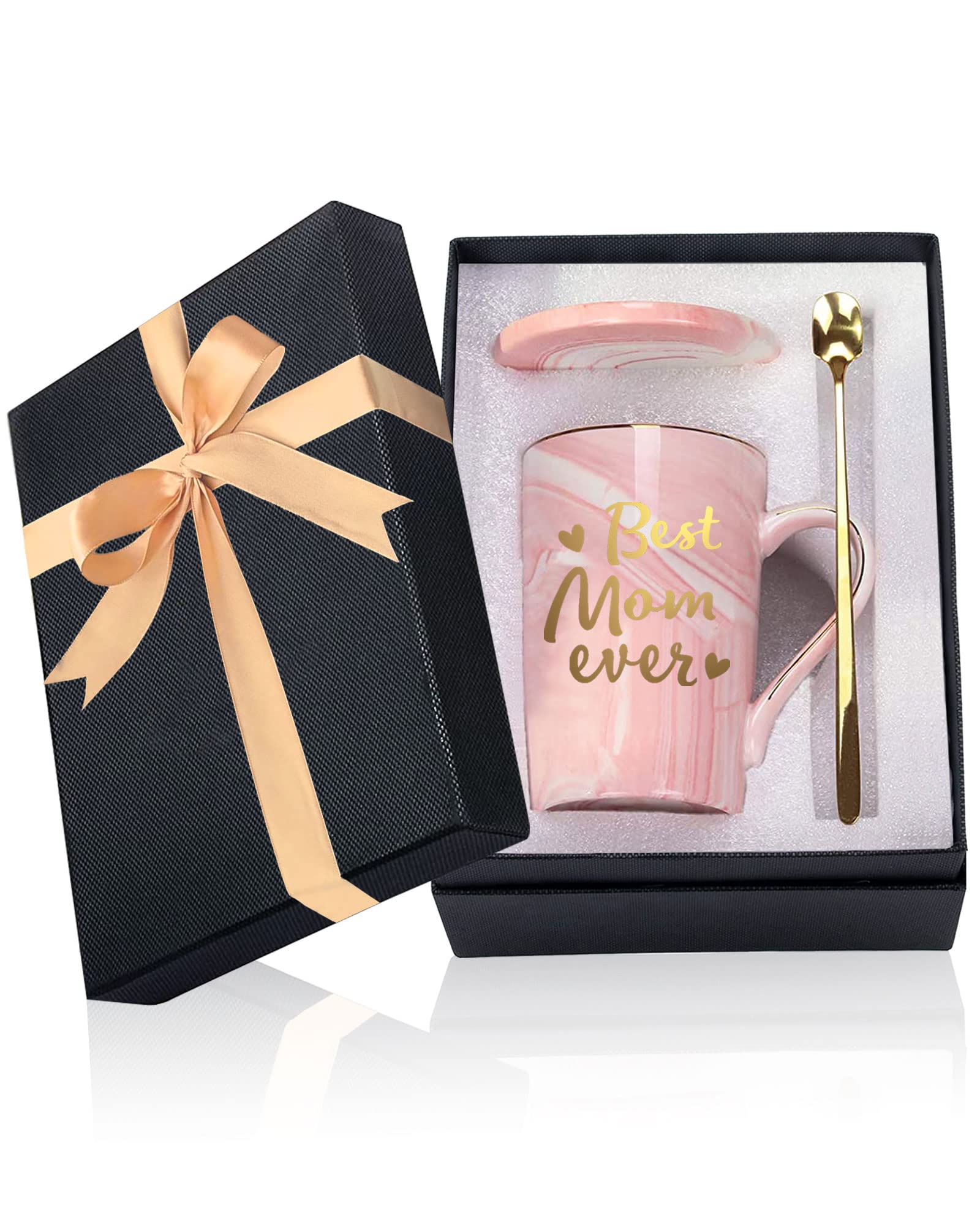 Best Mom Ever Coffee Mug, Mother's Day Gifts for Mom by Daughter Son, 14OZ (400 ml) Pink Marble Texture Ceramic Marble Mug with Lid Golden Spoon and Gift Box