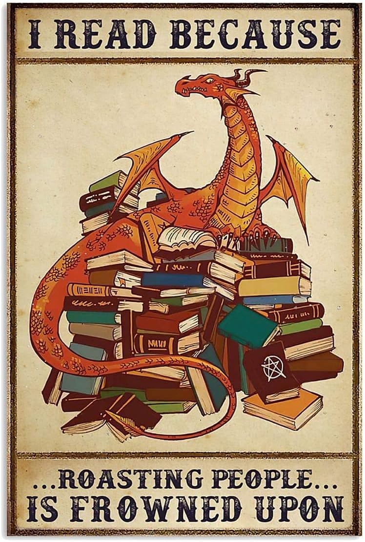 Plaques & Wall Art - Vintage Metal Plaque Dragon Books I Read Metal Wall Plaque Decor Lovers Gift Outdoor Indoor Wall Panel Retro Vintage Mural 8x12 Inch