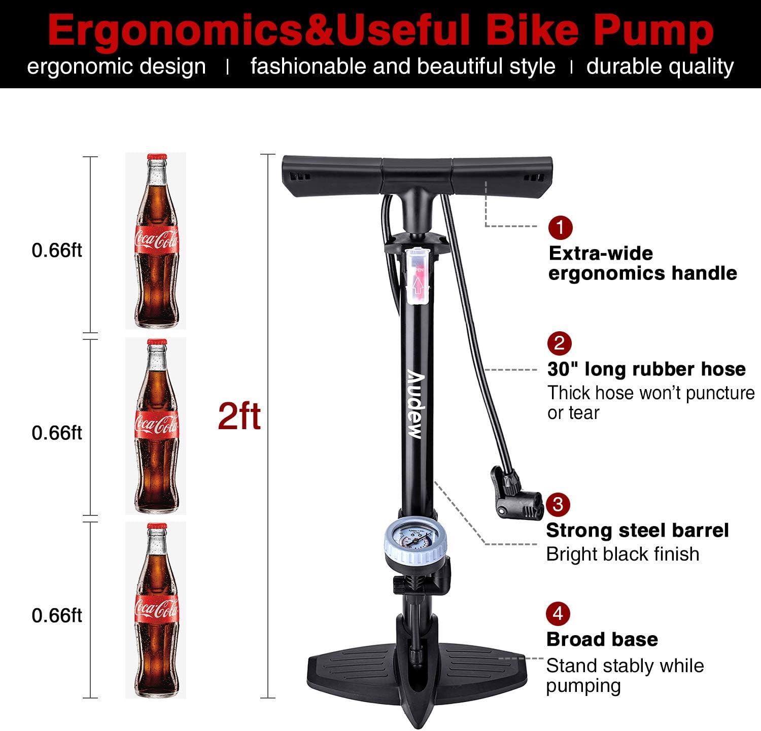 Audew Bike Floor Pump with Gauge - 230Psi Presta/Dunlop and Schrader Dual Valves Bicycle Tire Pump - Steel Structure Floor Pump for Bike, Including Glueless Puncture Kit, Inflating adapters : Sports & Outdoors