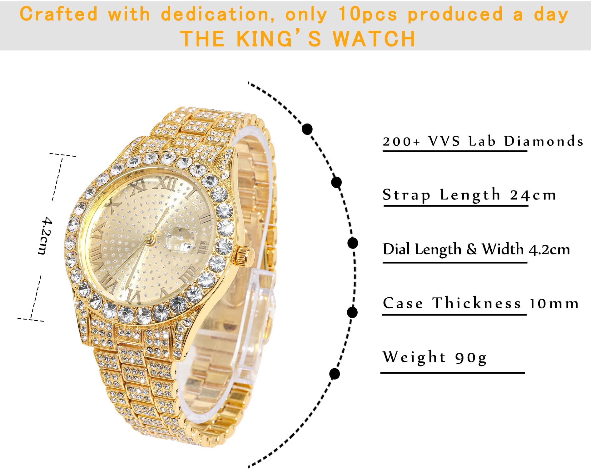 Halukakah Men's Diamond Gold Watch, 18 K Real Gold-Plated/Platinum White, 42 mm Round Design, Bracelet with Hand-set Laboratory Diamonds (24 cm), Cuban Link Chain (20 + 45 cm Necklace Bracelet) with