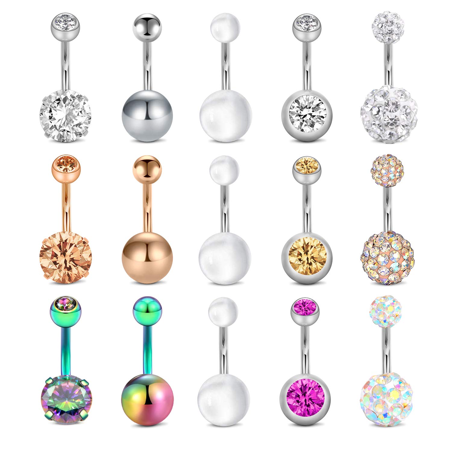 Mayhoop 15PC Belly Bars Belly Button Bars 14G Surgical Steel Navel Bar Mix Colors Belly Button Rings Body Piercing Jewelry for Women Rose Gold Silver Rainbow