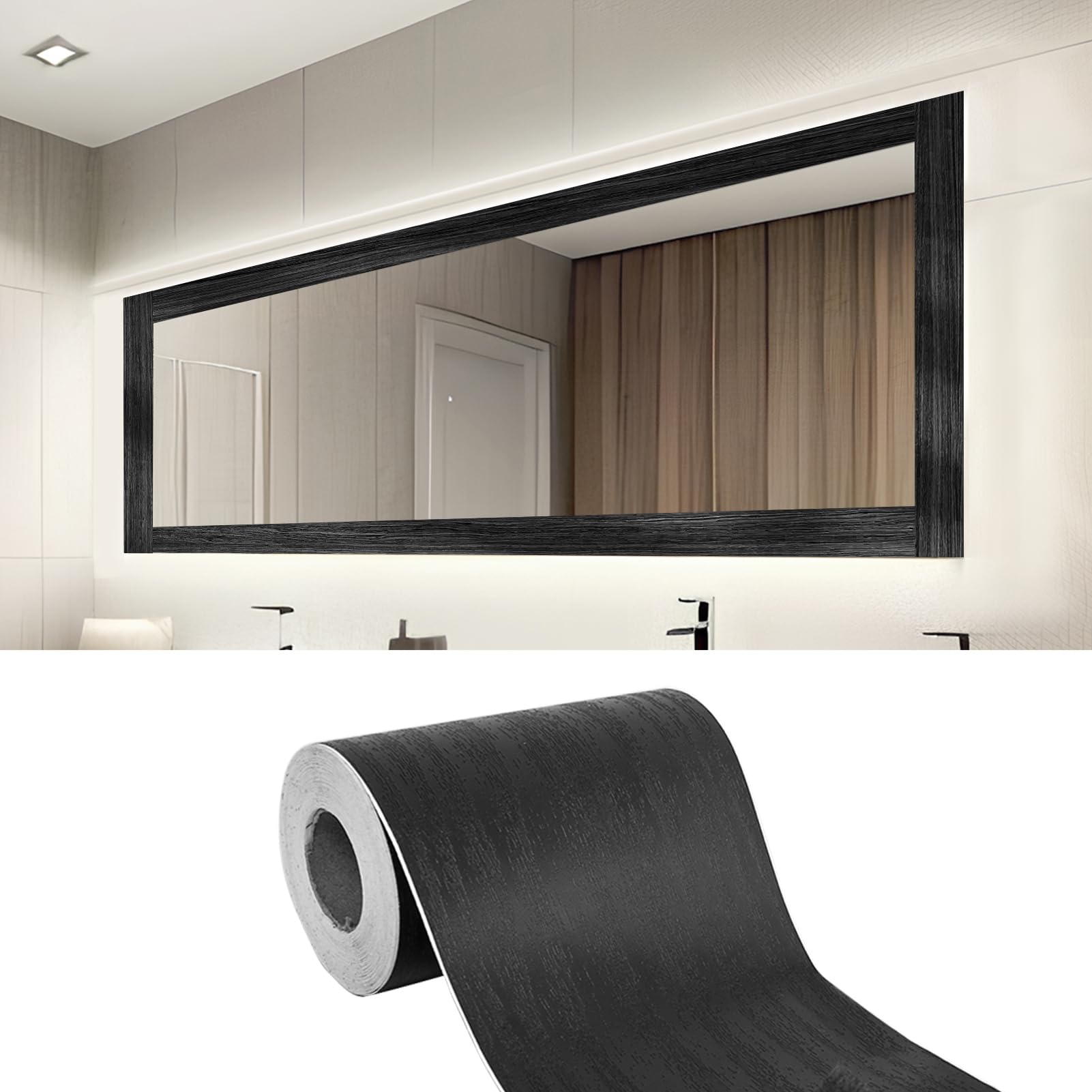 Photo 1 of LONGKING 32ft x 4.2in Black Mirror Tape Border, Peel and Stick Mirror Border for Bathroom, Waterproof PVC Wallpaper, 393x4.2 in