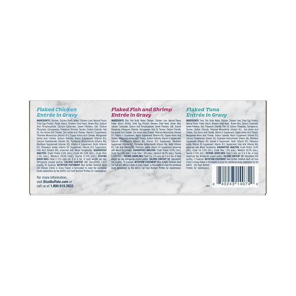 BLUE BUFFALO TASTEFULS FLAKED WET CAT FOOD VARIETY PACK, MADE WITH NATURAL INGREDIENTS, TUNA, CHICKEN, FISH & SHRIMP, 3-OZ CANS (12 COUNT, 4 OF EACH)