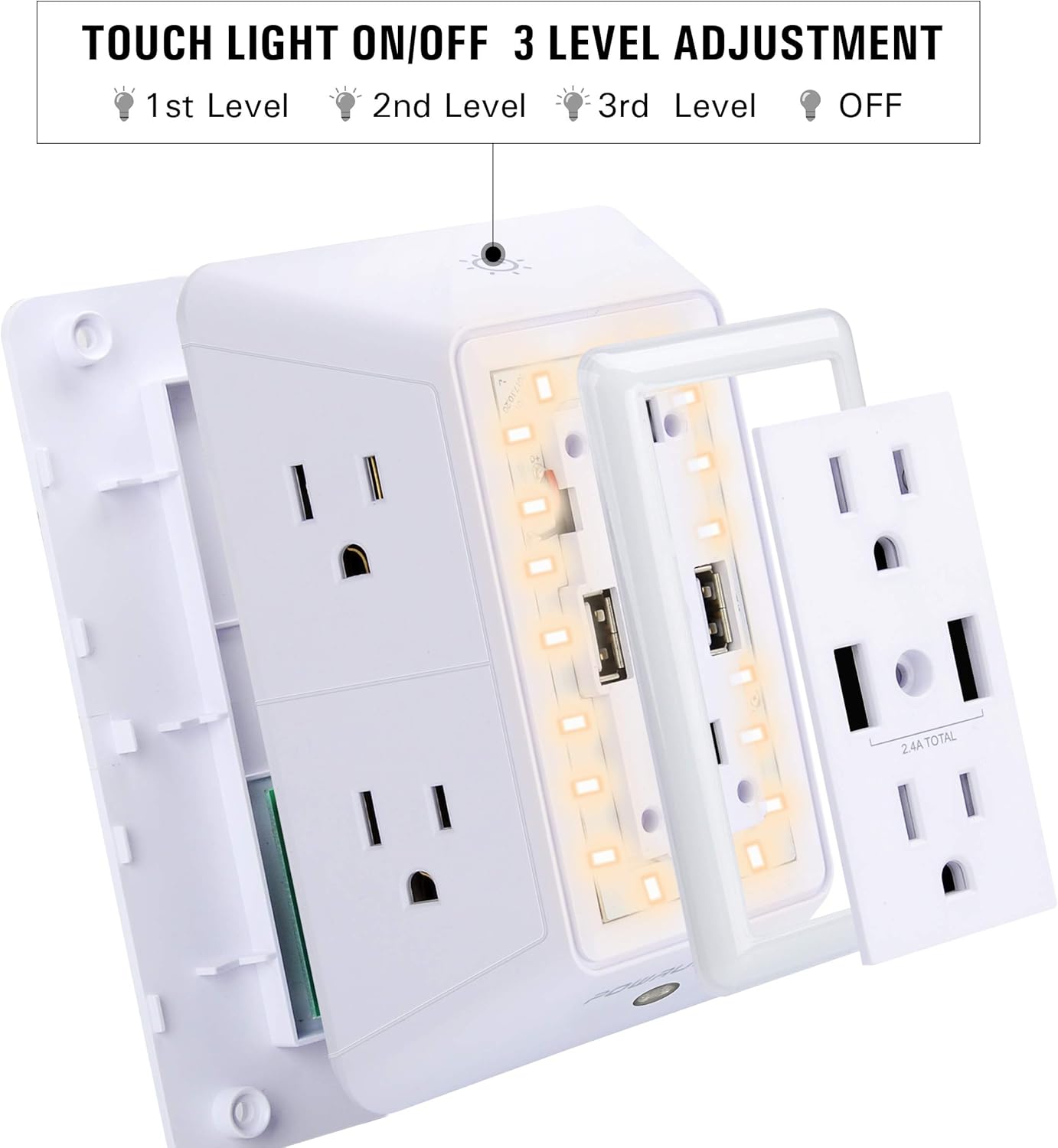 USB Wall Charger, Surge Protector, POWRUI 6-Outlet Extender with 2 USB Charging Ports (2.4A Total) and Night Light, 3-Sided Power Strip with Adapter Spaced Outlets - White，ETL Listed: Electronics