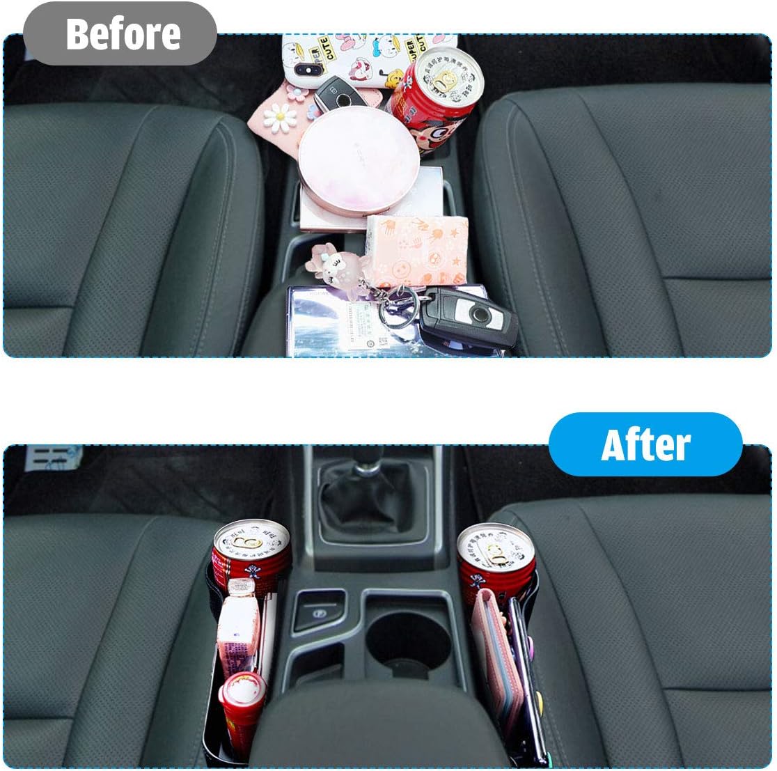 CHARMINER Car Seat Filler, 2 Pack PU Car Seat Organizer, Car Seat Storage with Cup Holder, Seat Console Side Pocket for Cellphones, Keys, Cards, Wallets, Sunglasses, etc. (Black) (2 Bag Brackets): Automotive