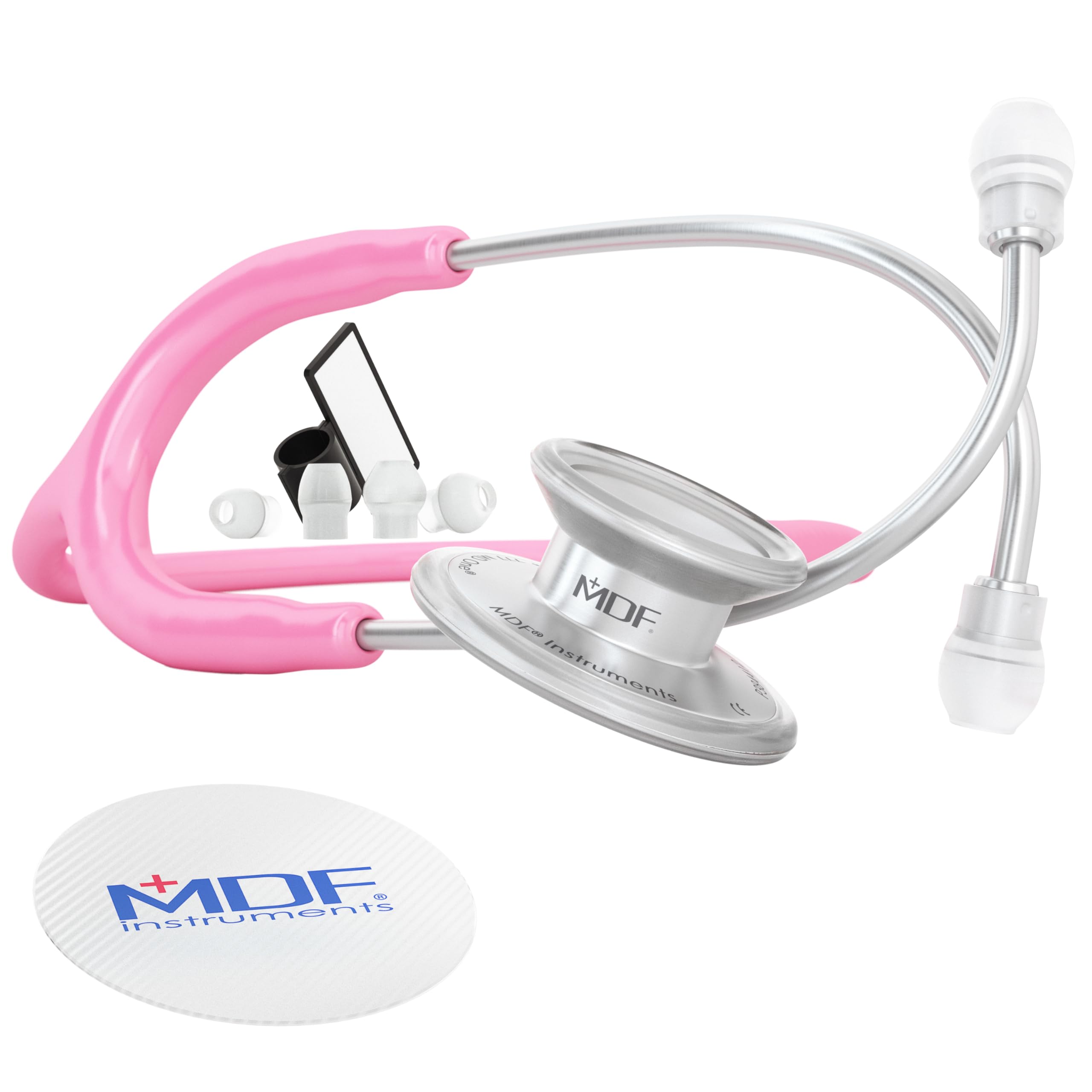 MDF Instruments, MD One Stainless Steel Premium Dual Head Stethoscope, Adult, Pink Tube, Silver Chestpieces-Headset, MDF77701
