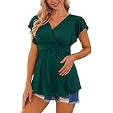Ekouaer Maternity Shirts Flying Short Sleeve Nursing Tops V Neck Breastfeeding Tees Casual Pregnancy Clothes