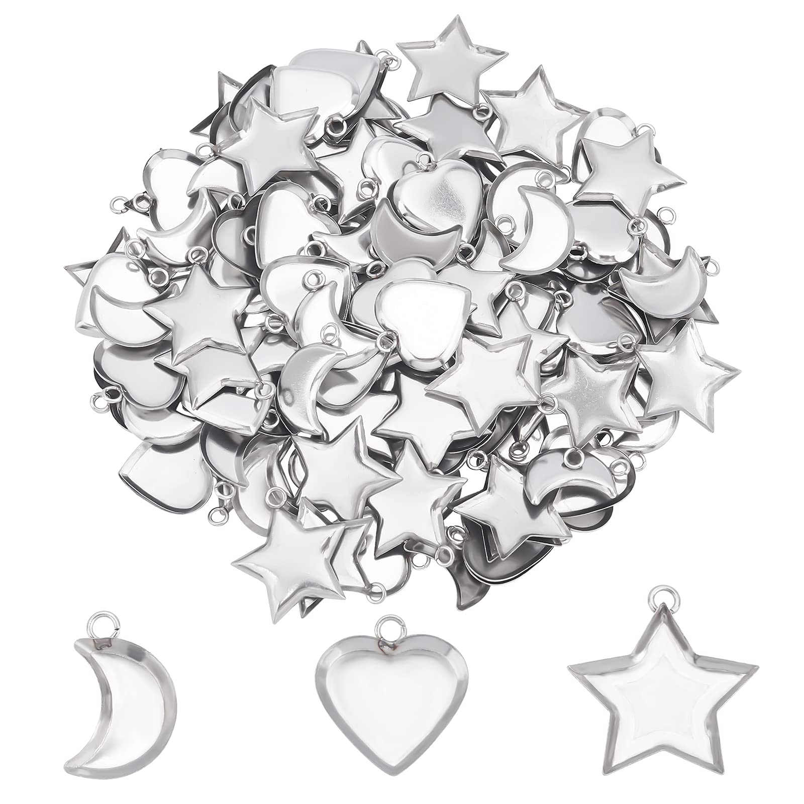UNICRAFTALE 120pcs Star Heart Moon Blank Charms Trays 11-14mm Stainless Steel Blank Bezel Pendant Cabochon Settings Metal Charms for DIY Necklace Jewelry Making