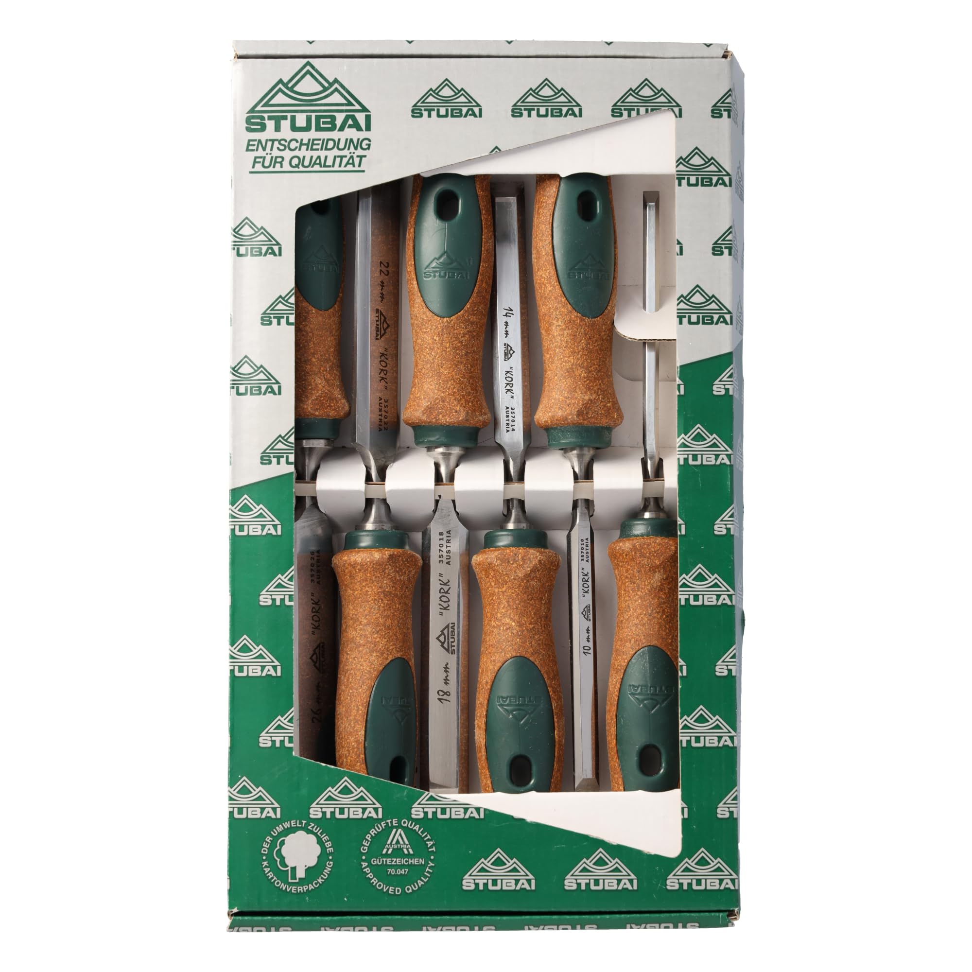 Stubai 357116 "Swedish Type" Special Wood Chisel Set with Cork Handles, Green/Brown/Silver