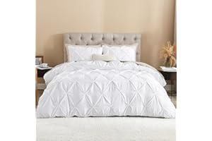 Litanika White Queen Pinch Pleat Duvet Cover, 3 Pieces Pintuck Cover Soft Microfiber Bedding Set with Zipper Closure & Corner Ties(90x90Inch-1 Duvet Cover, 2 Pillowcases)