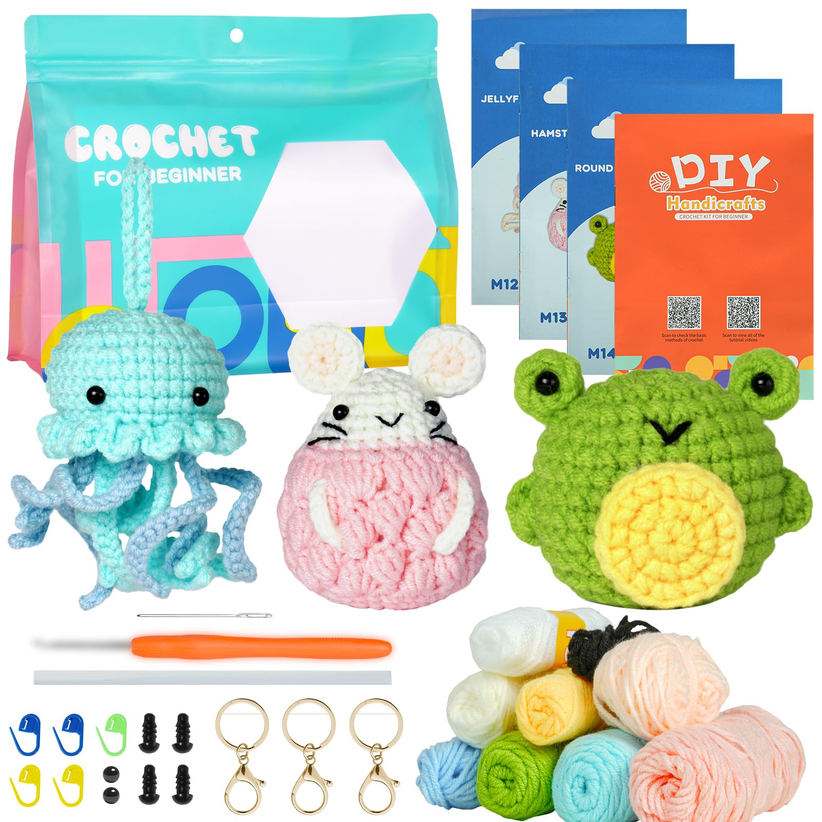 AUAUY Beginner Crochet Kit, Animal Crochet Kit for Beginners, Yarn, Eyes, Stuffing, Crochets Hook for Kids and Adults, Crochet Set with Step-by-Step Video Tutorials, Boys and Girls Birthdays Gift