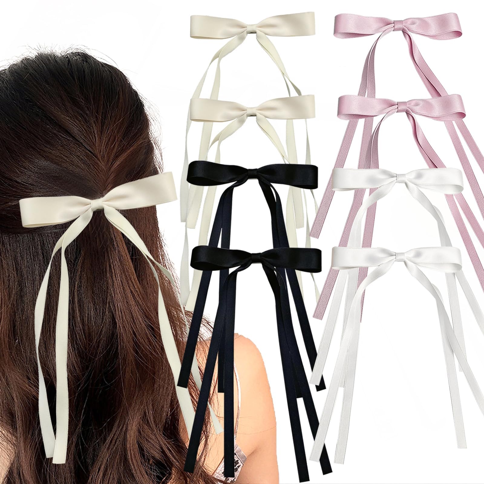8Pcs Hair Bows for Women Tassel Ribbon Bowknot Hair Clips with Long Tail Solid Bow Hair Clips for Long Hair Accessories Barrettes Claw Hair Bows for Girls, 4 Colors (white,pink,black,beige) — image 1