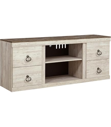 Signature Design by Ashley Dorrinson - Moderno soporte de esquina para TV con opción de chimenea y se adapta a televisores de hasta 48 pulgadas, color blanco lavado y gris